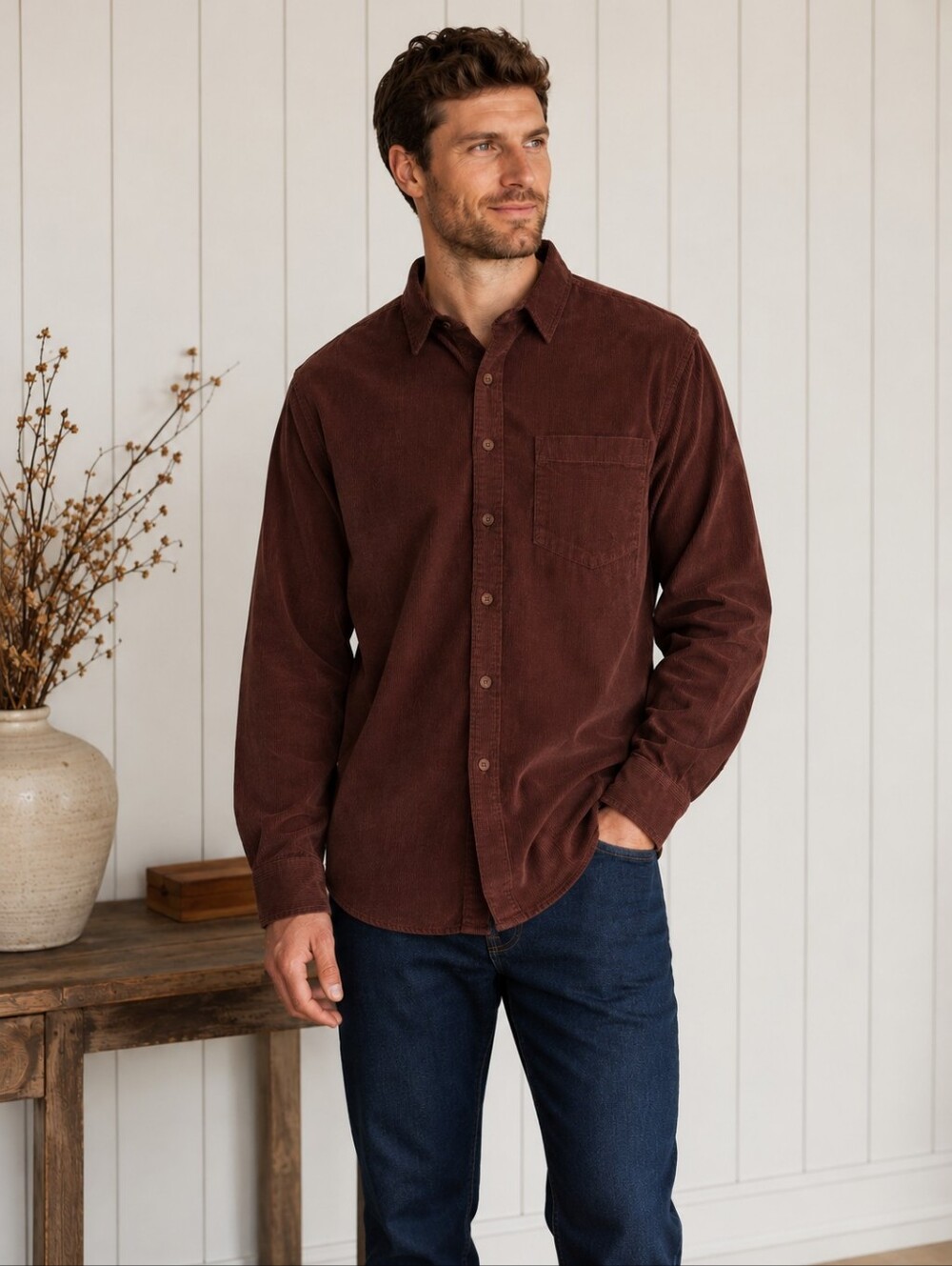 Eddie Bauer Men's Corduroy Button-Down Shirt in Deep Brown
